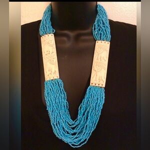 Vintage Ethnic Turquoise Blue Seed Beaded Necklace Multi Strand